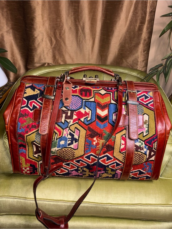 Sao Other - Vintage Kilim Large Turkish Wool Travel Carry Bag Rust Tan Blue Brown Leather